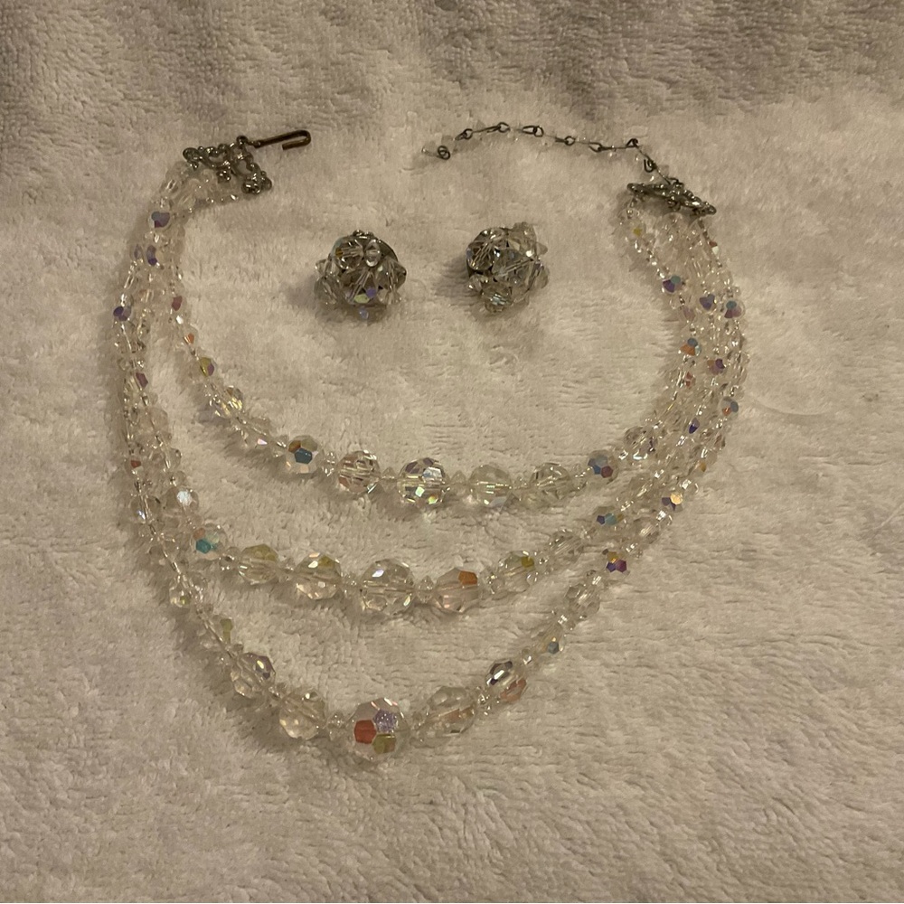 Silver Aurora Borealis necklace and Clip-On Earrings